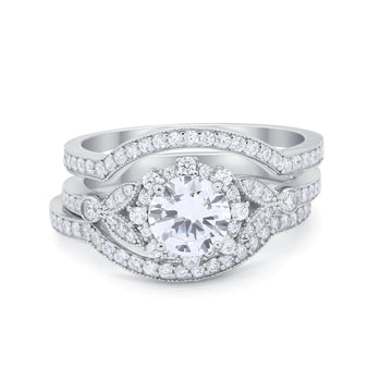 3 Piece Wedding Ring Band Bridal Set Round Simulated CZ 925 Sterling Silver